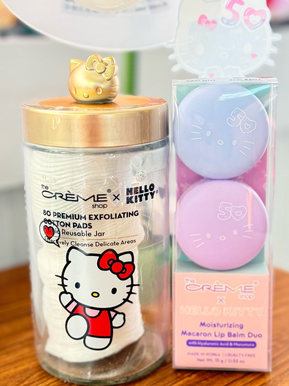 Hello Kitty White & Gold Exfoliating Cotton Pads Jar and Lip Balm Duo